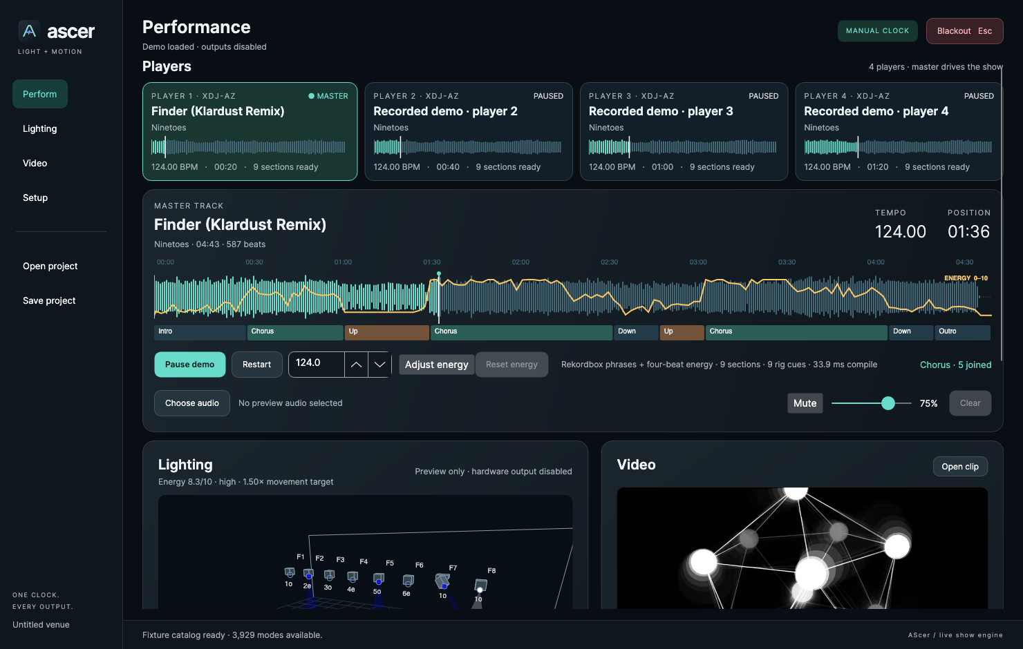 Ascer Lighting and Visuals performance tool showing DJ decks, lighting controls and visual output