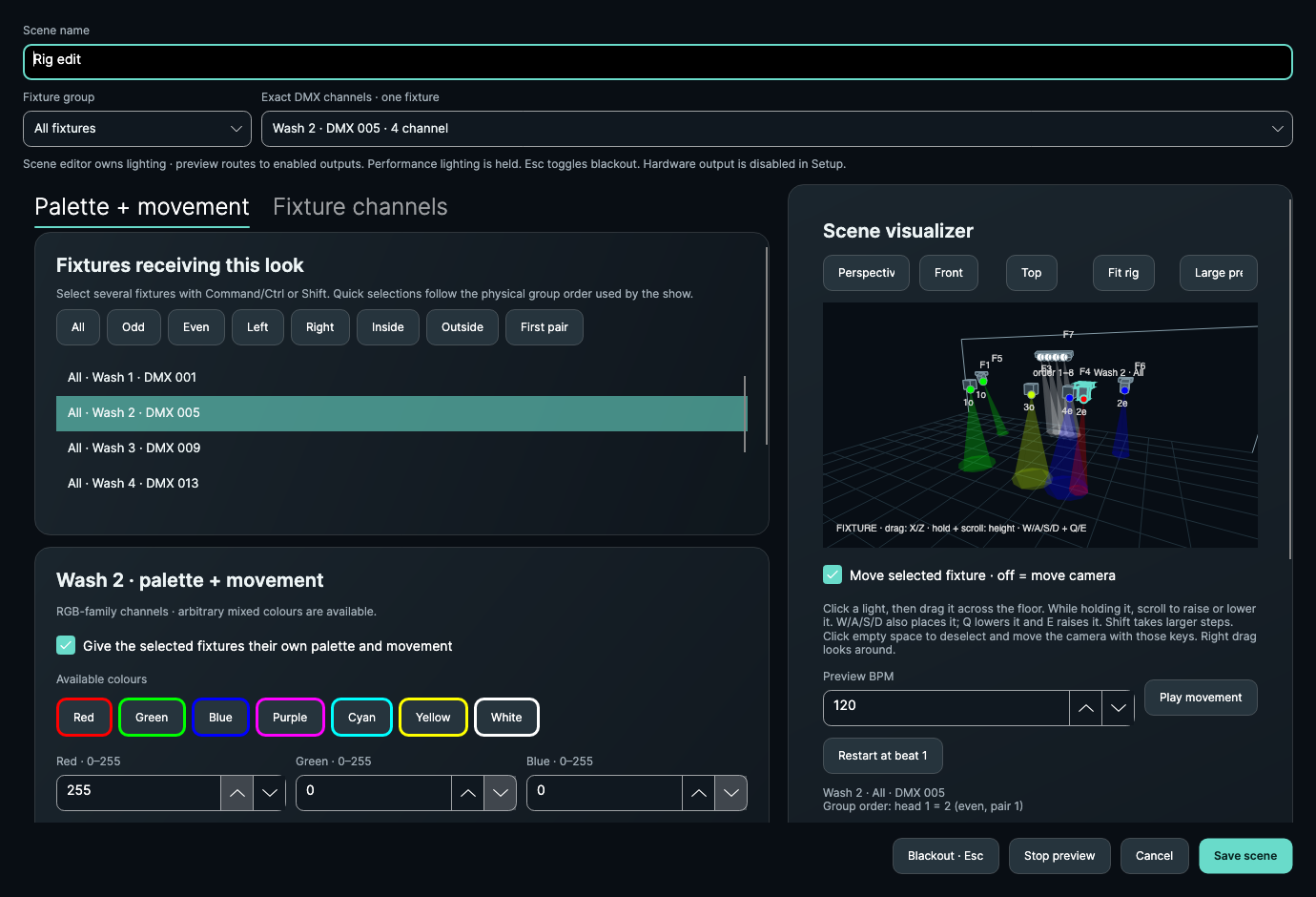 Ascer Lighting and Visuals scene editor with a lighting layout